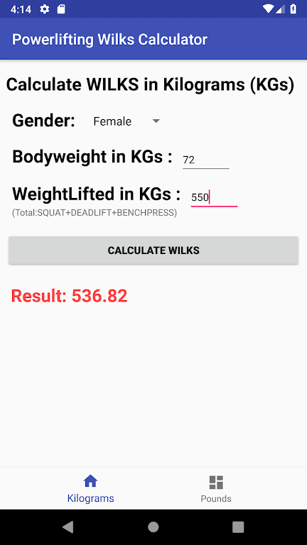 Powerlifting WILKS Calculator  Screenshot 2