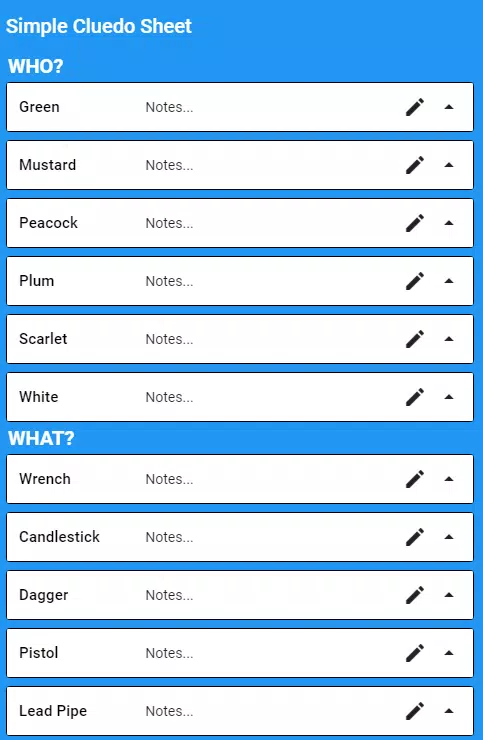 Simple Clue Sheet (Cluedo)  Screenshot 1